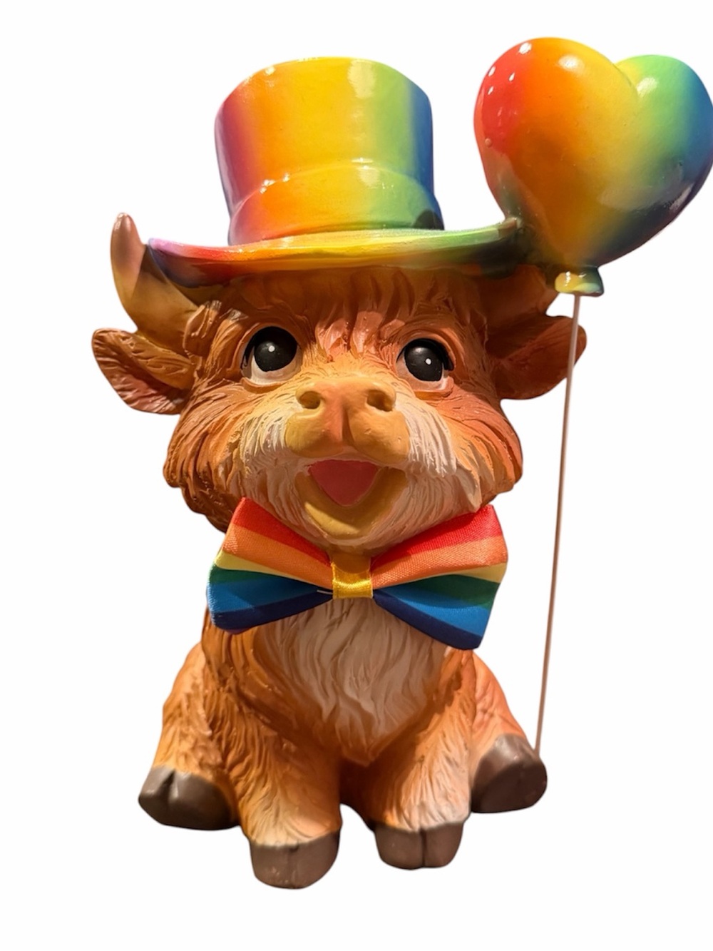 Highland Cow Figurine w colorful hat, balloon and bow tie made out of material